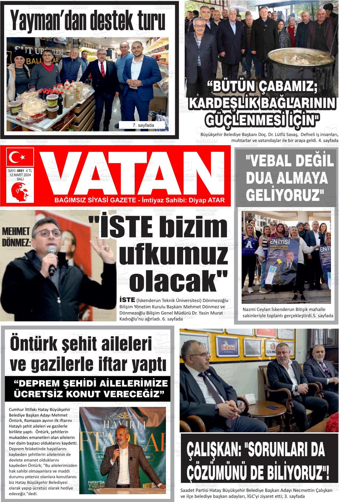 12 Mart 2024 İskenderun Vatan Gazete Manşeti