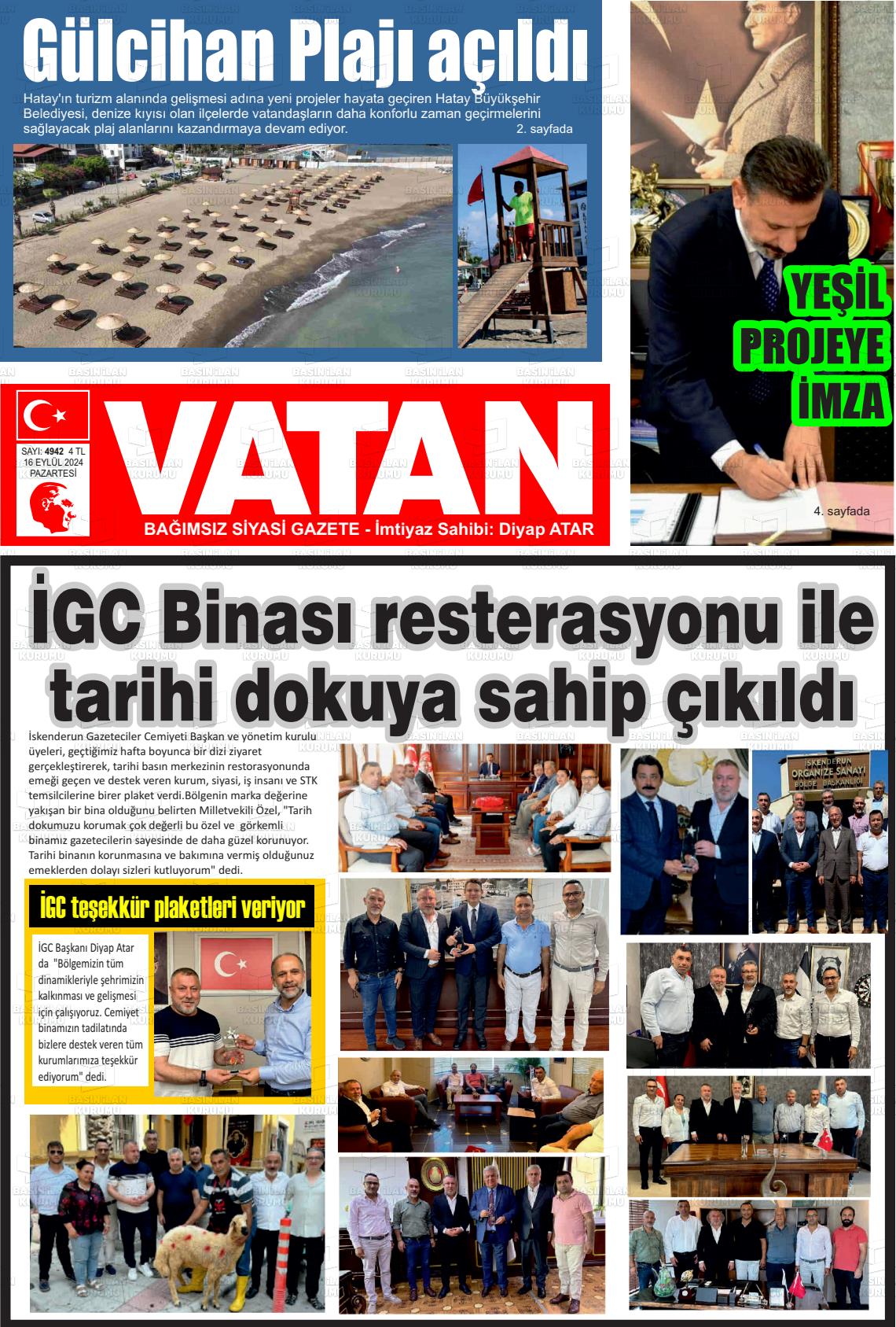 16 Eylül 2024 İskenderun Vatan Gazete Manşeti