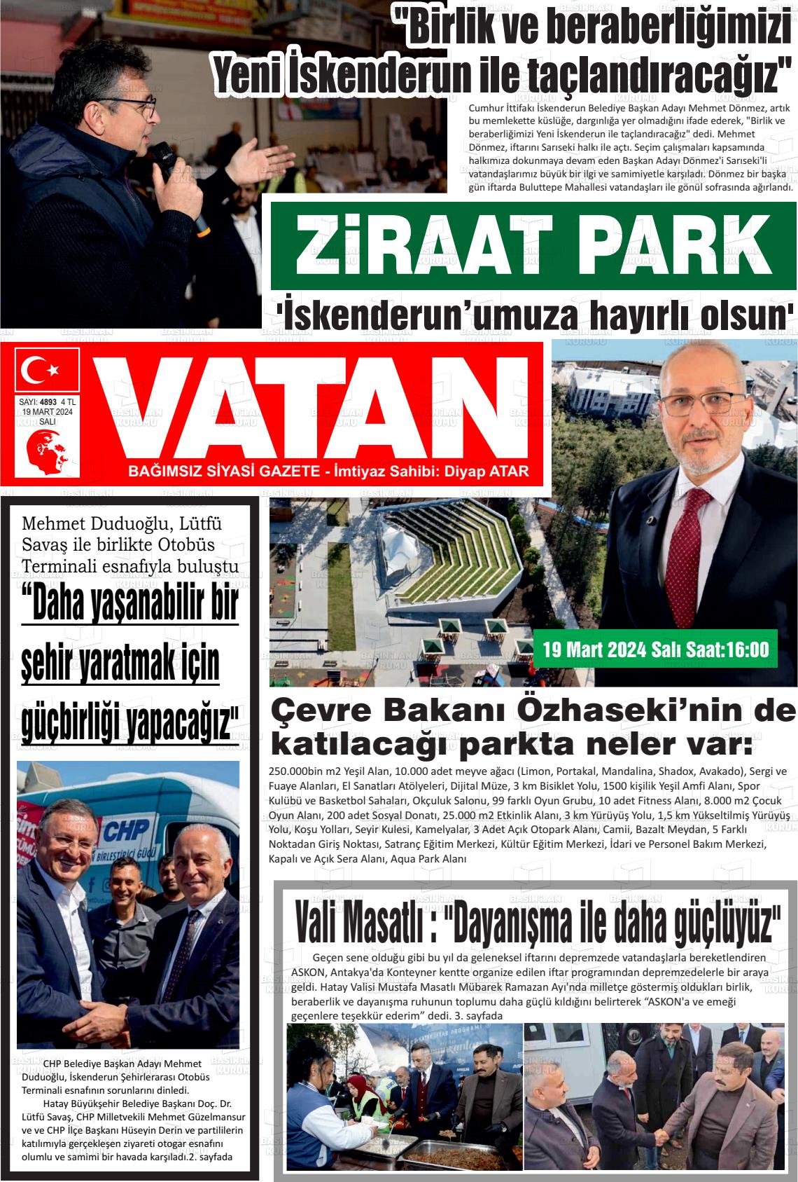 19 Mart 2024 İskenderun Vatan Gazete Manşeti