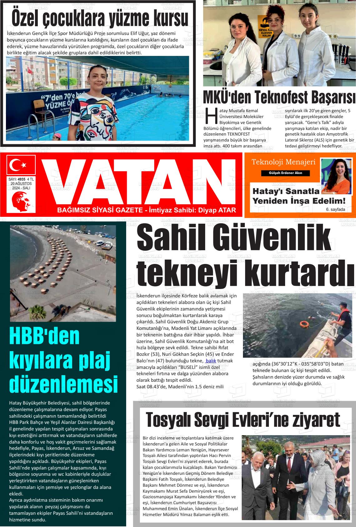 20 Ağustos 2024 İskenderun Vatan Gazete Manşeti