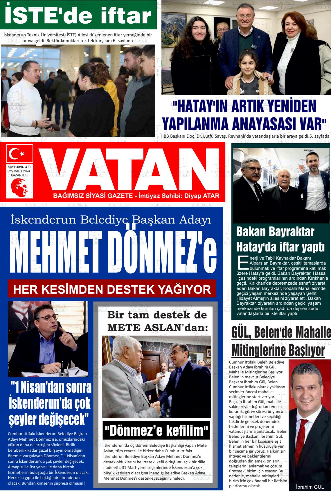 25 Mart 2024 İskenderun Vatan Gazete Manşeti