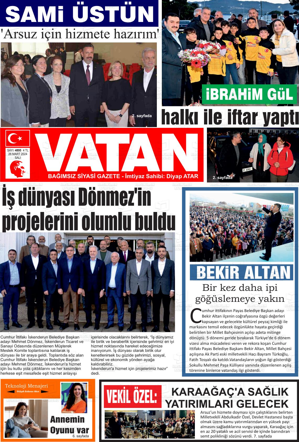 26 Mart 2024 İskenderun Vatan Gazete Manşeti