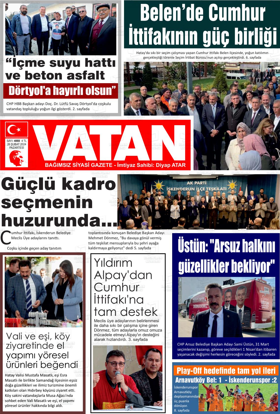 26 Şubat 2024 İskenderun Vatan Gazete Manşeti