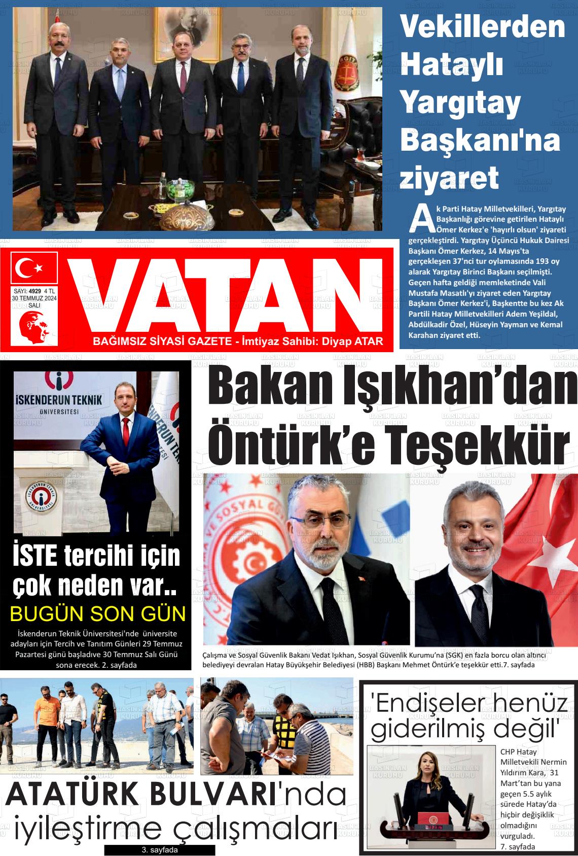 30 Temmuz 2024 İskenderun Vatan Gazete Manşeti