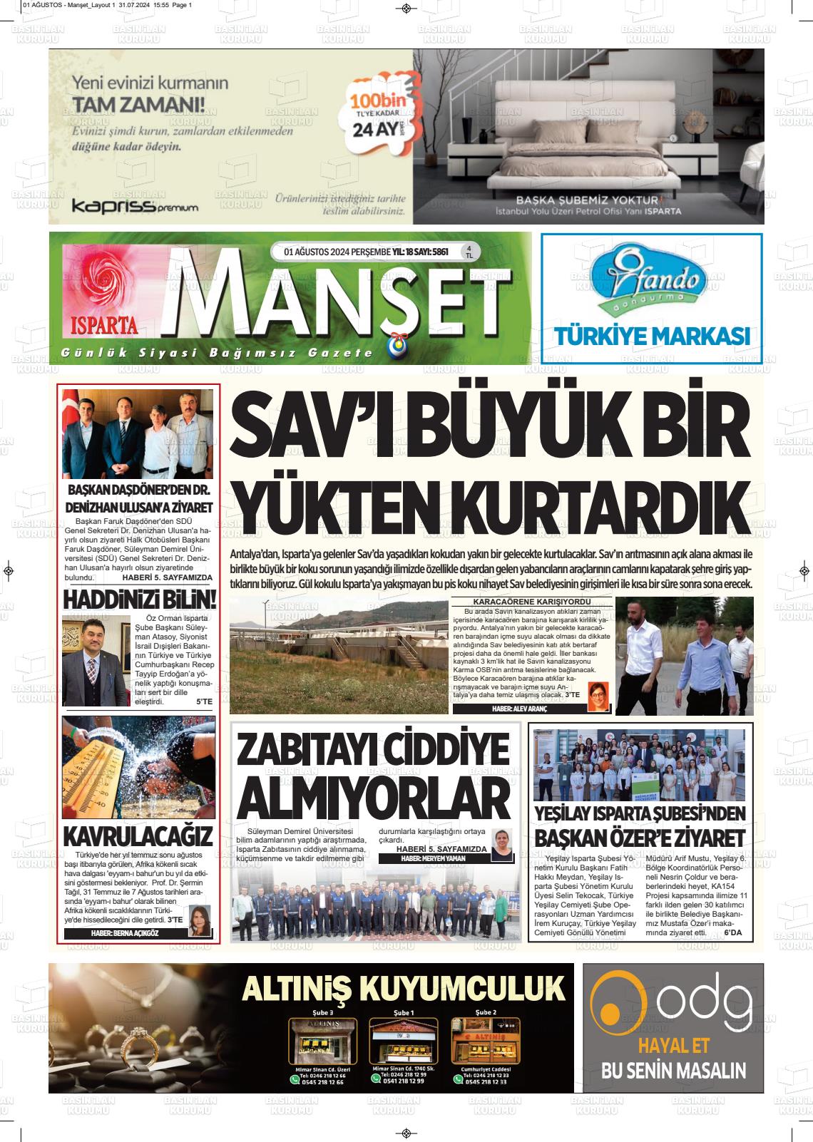 01 Ağustos 2024 Isparta Manşet Gazete Manşeti