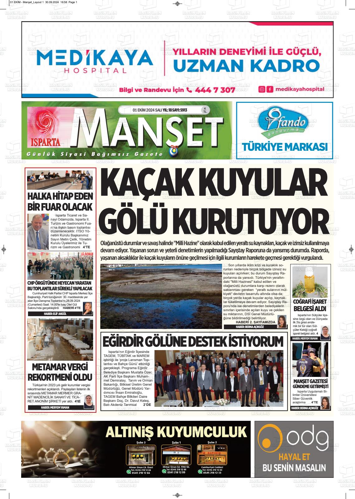 01 Ekim 2024 Isparta Manşet Gazete Manşeti