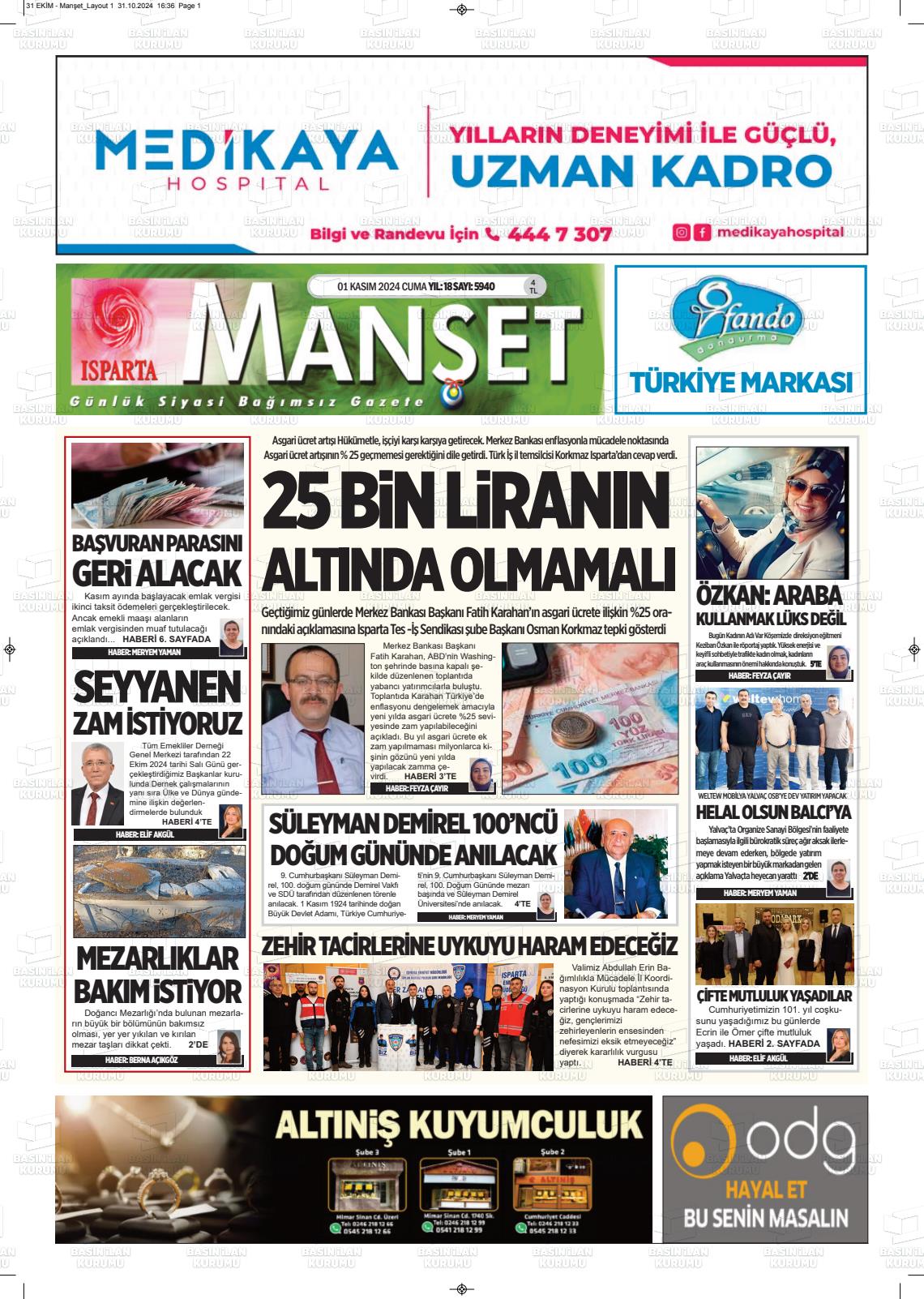 01 Kasım 2024 Isparta Manşet Gazete Manşeti