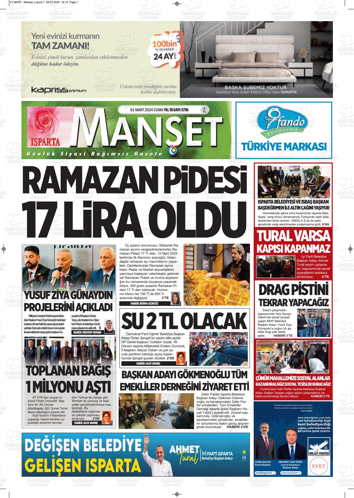 01 Mart 2024 Isparta Manşet Gazete Manşeti