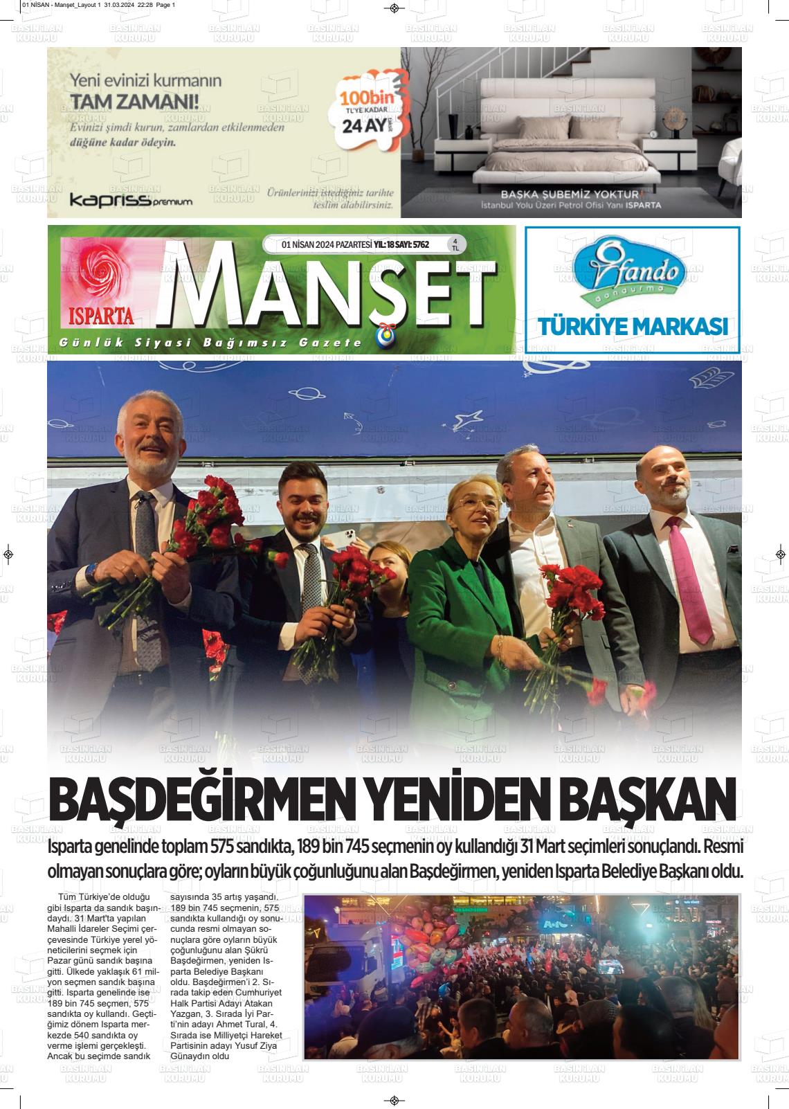 01 Nisan 2024 Isparta Manşet Gazete Manşeti