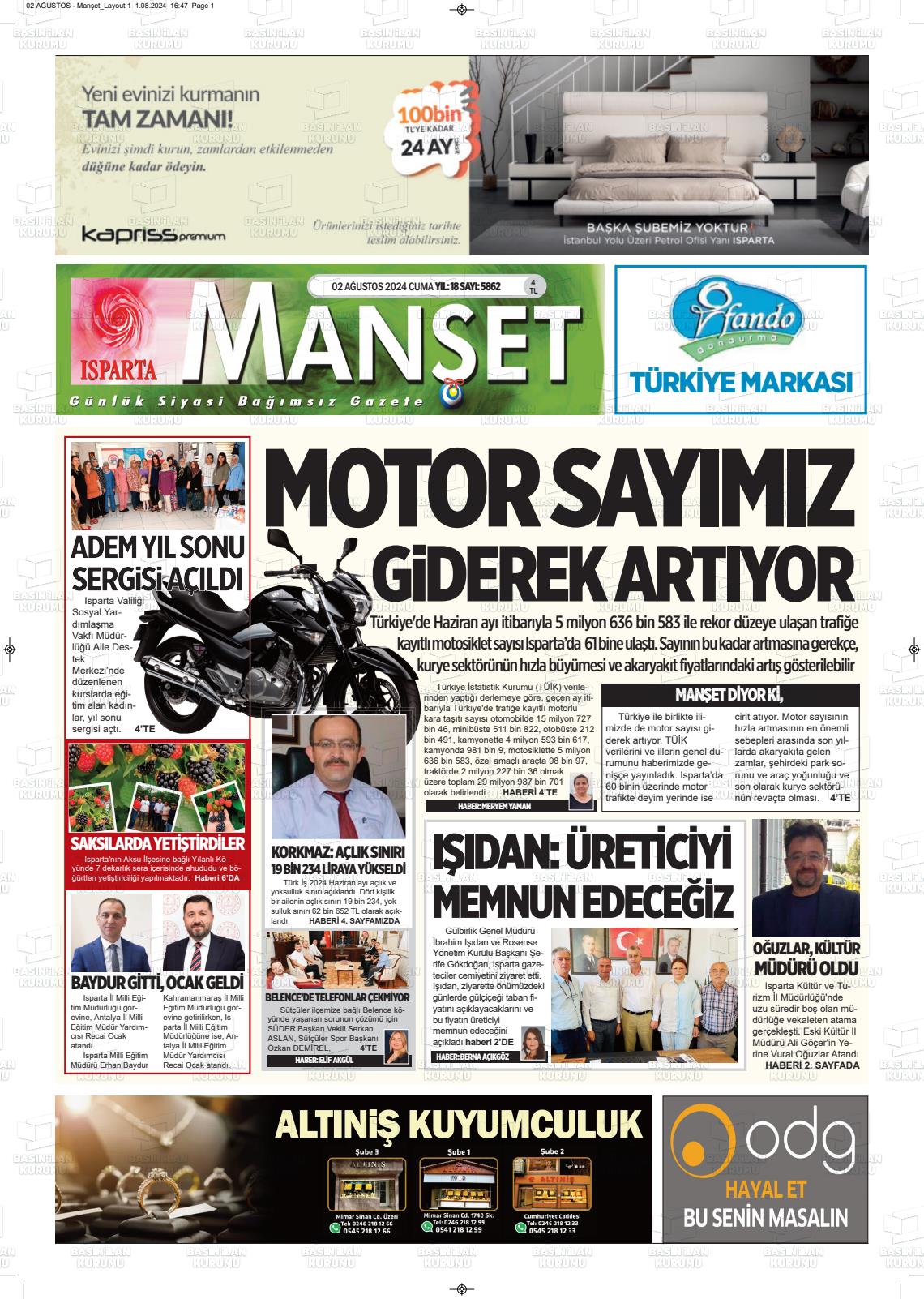 02 Ağustos 2024 Isparta Manşet Gazete Manşeti