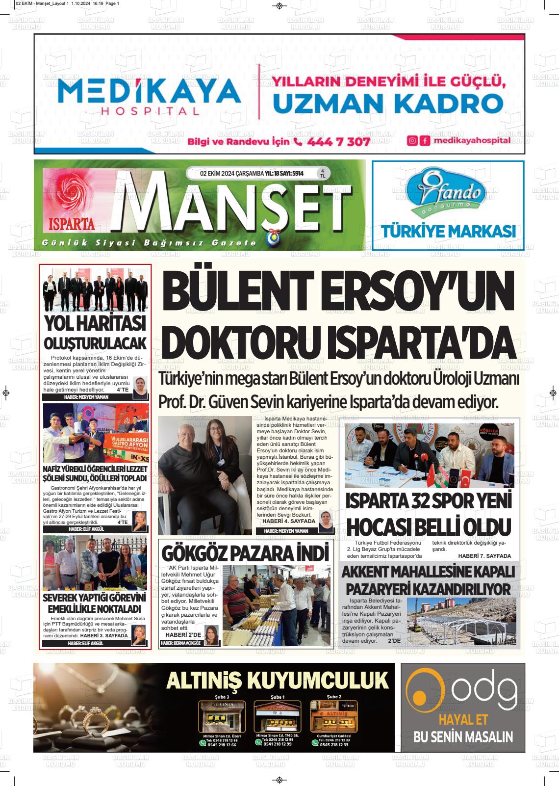 02 Ekim 2024 Isparta Manşet Gazete Manşeti