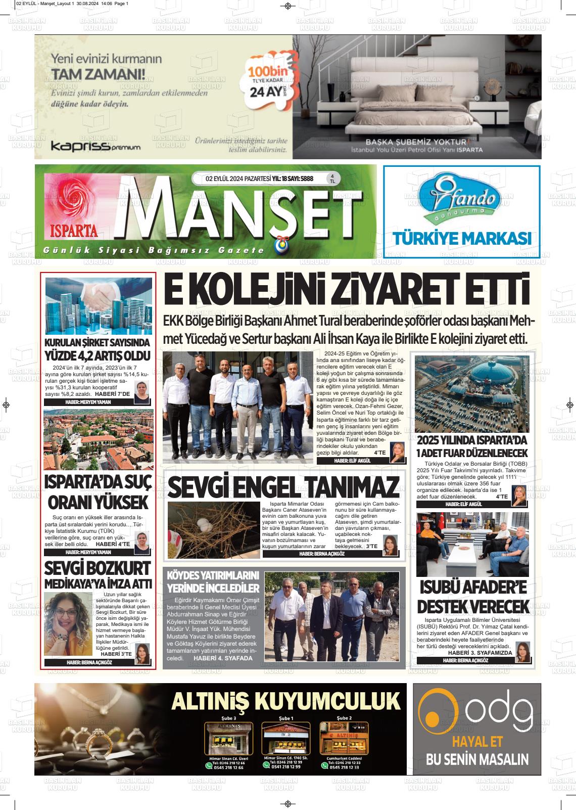 02 Eylül 2024 Isparta Manşet Gazete Manşeti