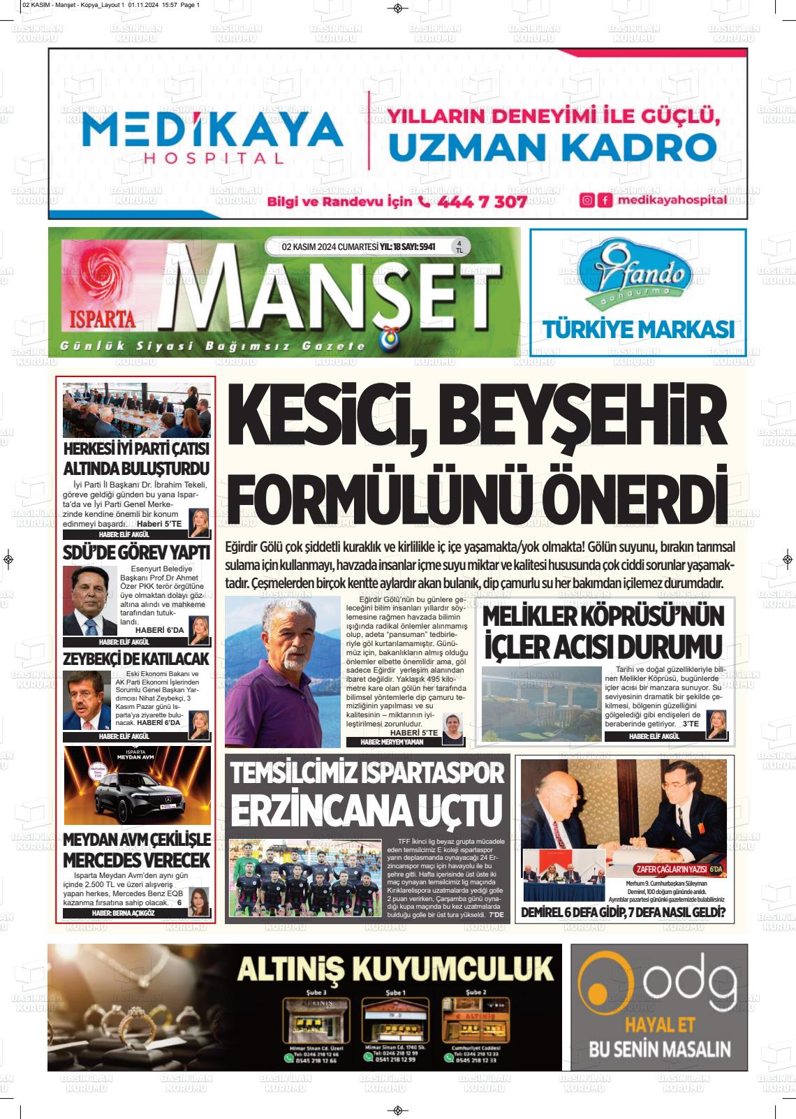 02 Kasım 2024 Isparta Manşet Gazete Manşeti