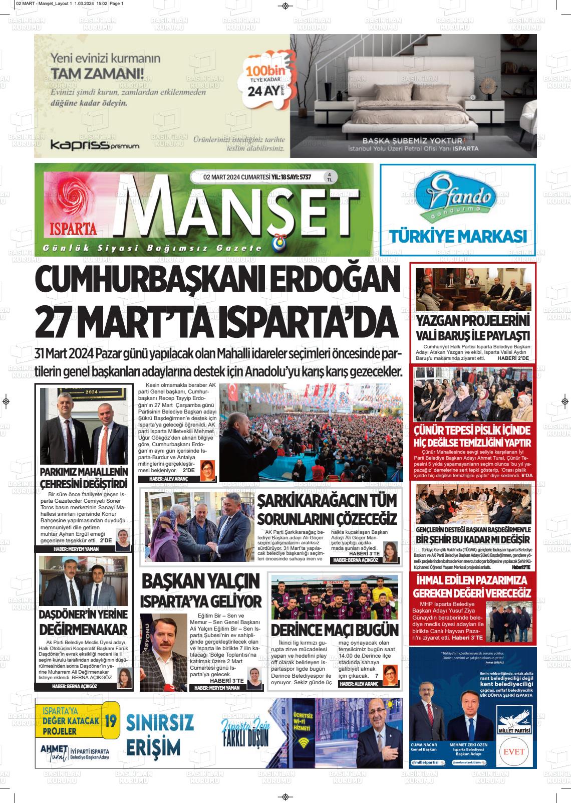 02 Mart 2024 Isparta Manşet Gazete Manşeti