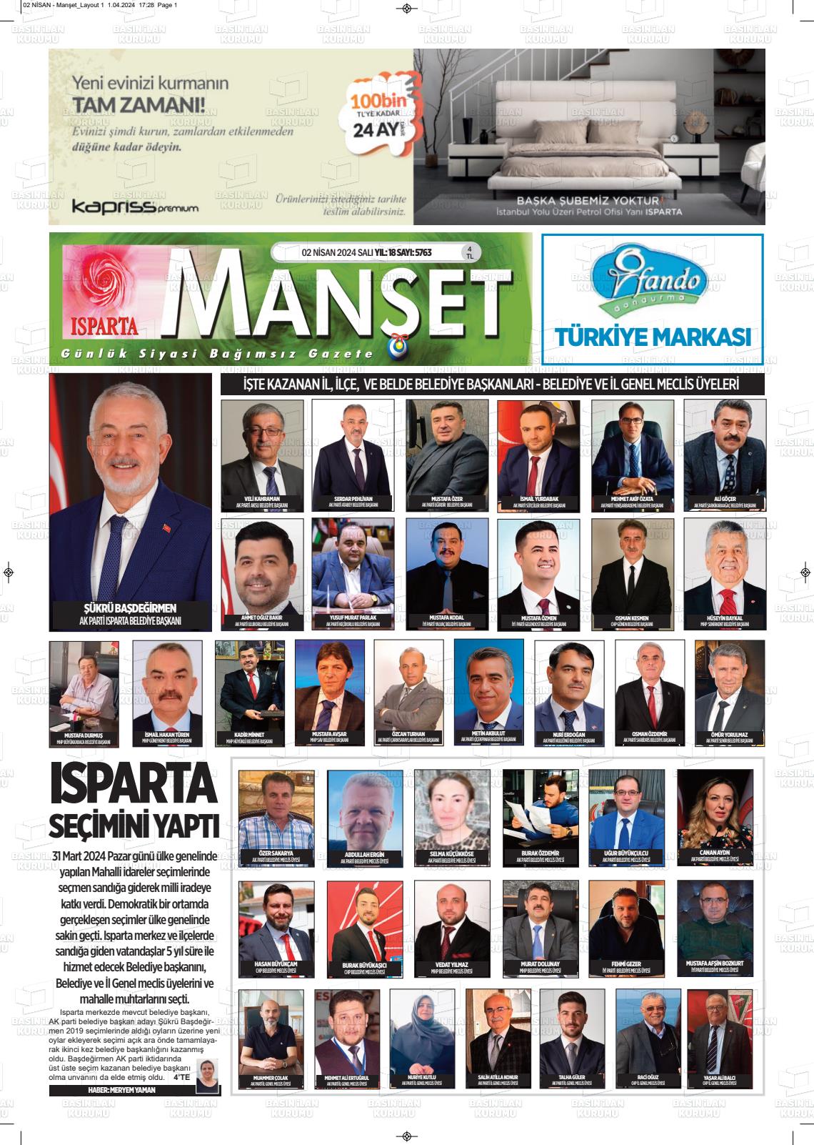 02 Nisan 2024 Isparta Manşet Gazete Manşeti