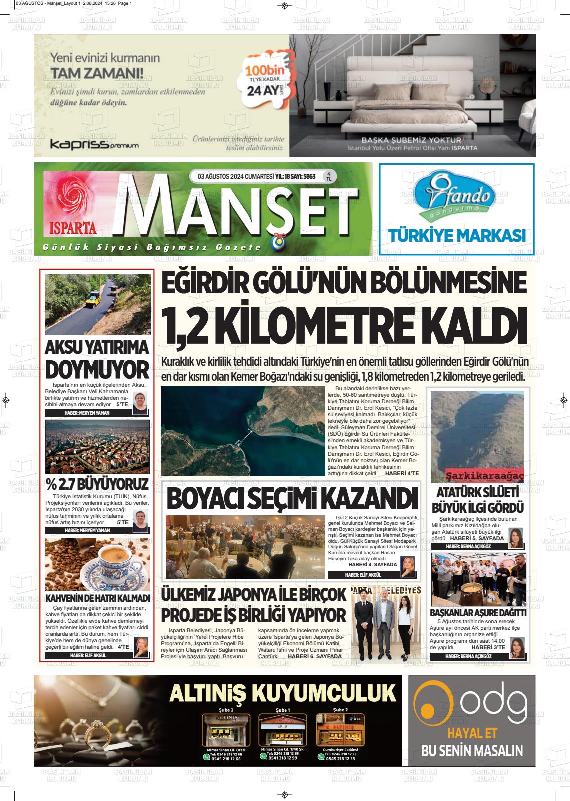 03 Ağustos 2024 Isparta Manşet Gazete Manşeti