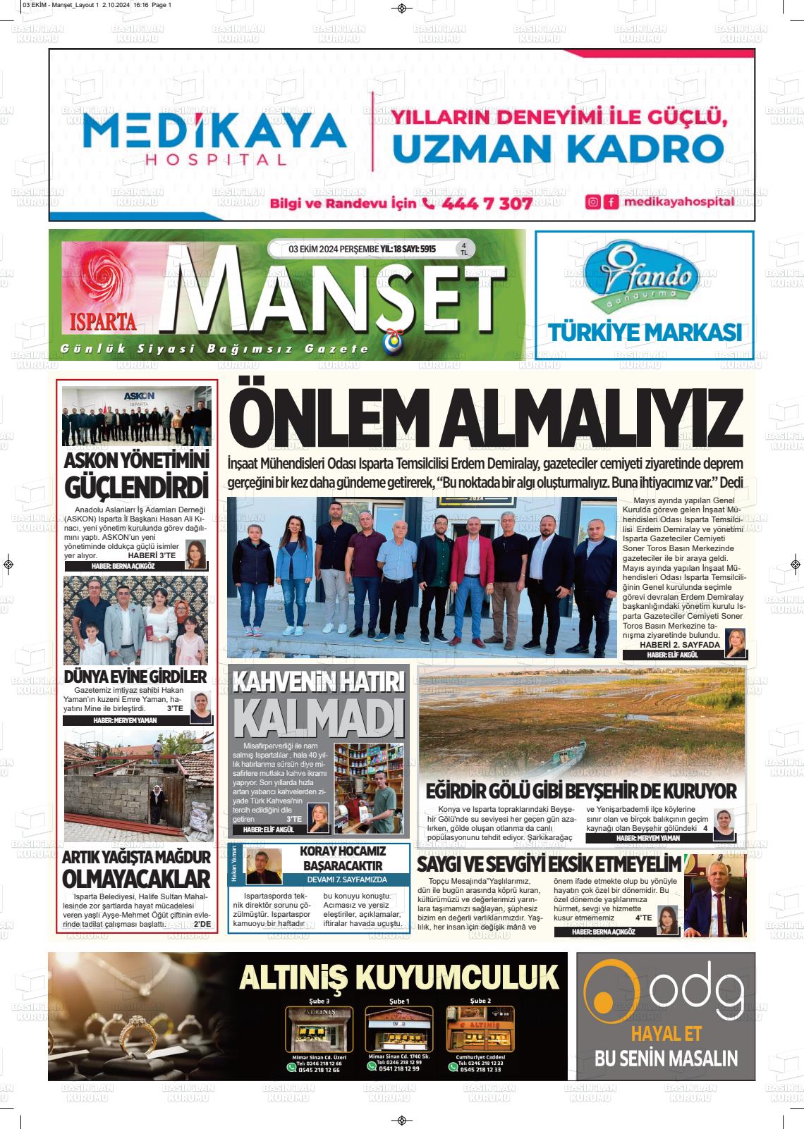 03 Ekim 2024 Isparta Manşet Gazete Manşeti