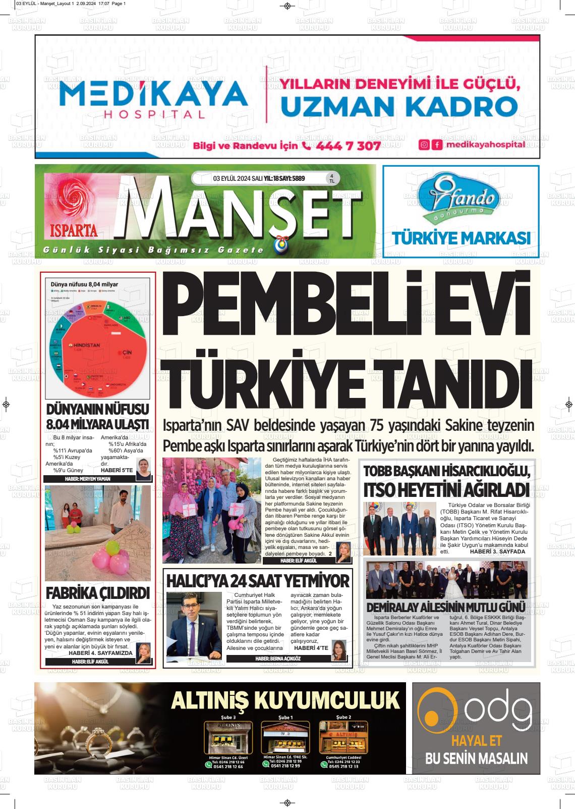 03 Eylül 2024 Isparta Manşet Gazete Manşeti