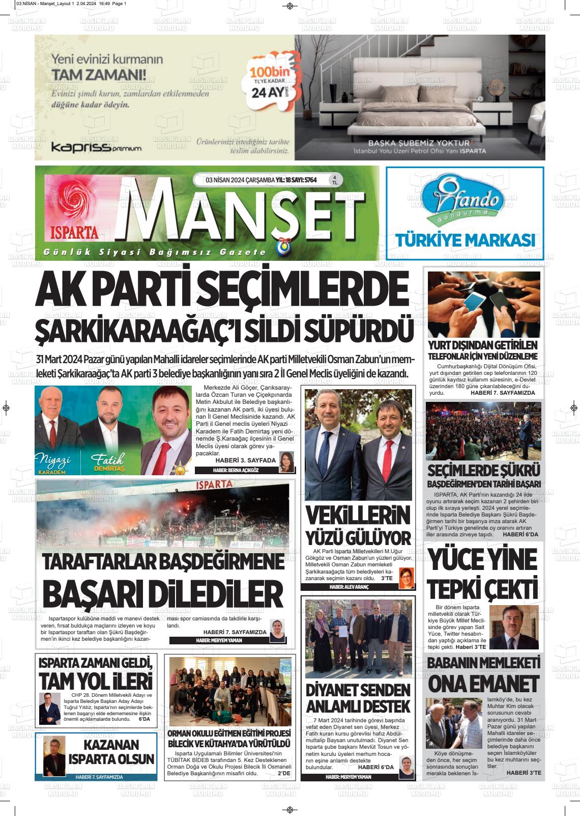 03 Nisan 2024 Isparta Manşet Gazete Manşeti