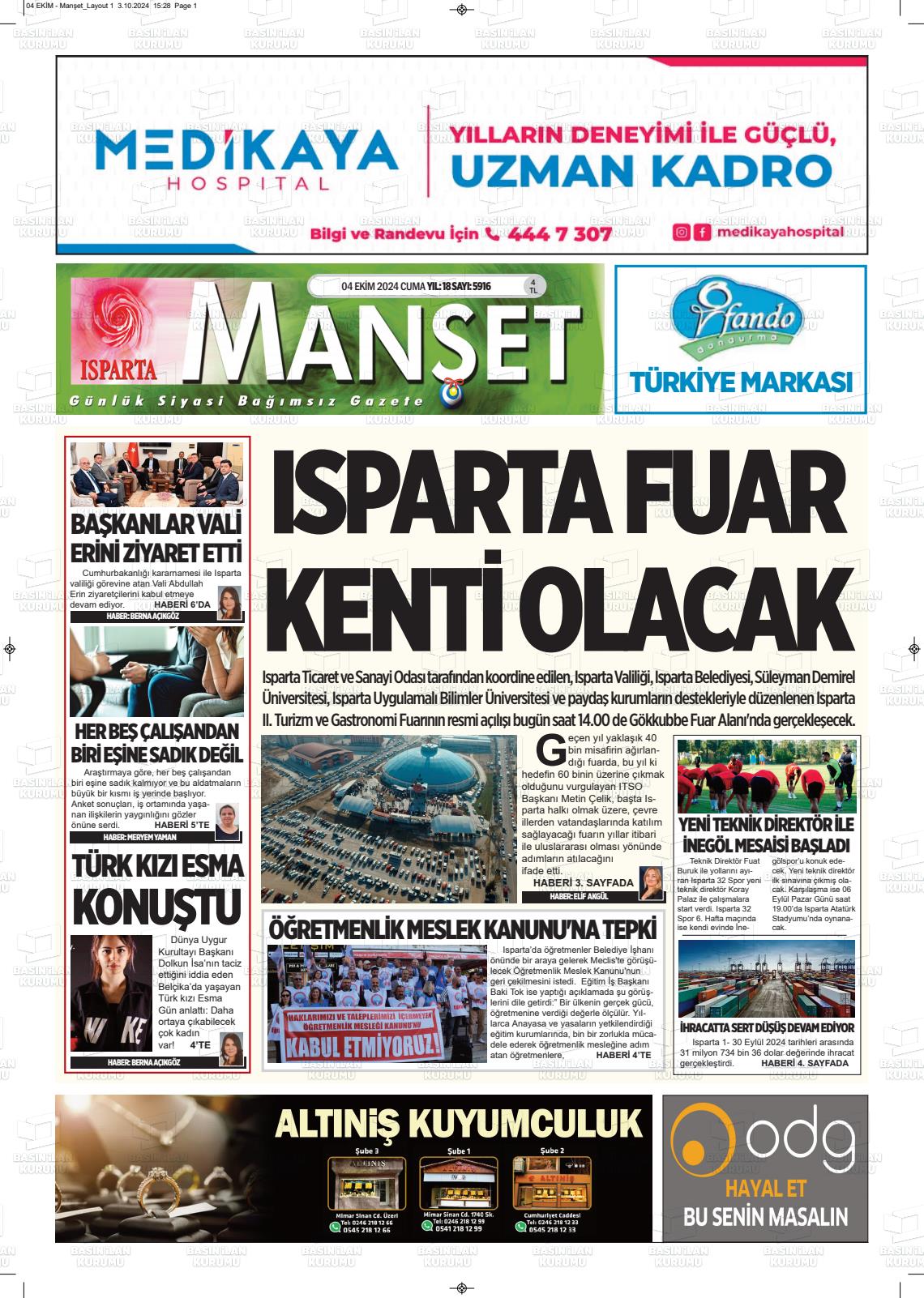 04 Ekim 2024 Isparta Manşet Gazete Manşeti