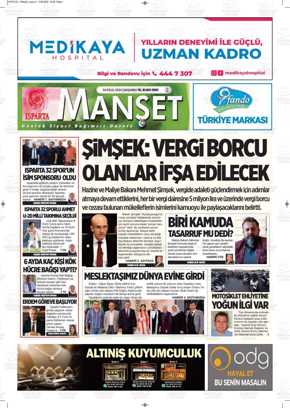 04 Eylül 2024 Isparta Manşet Gazete Manşeti