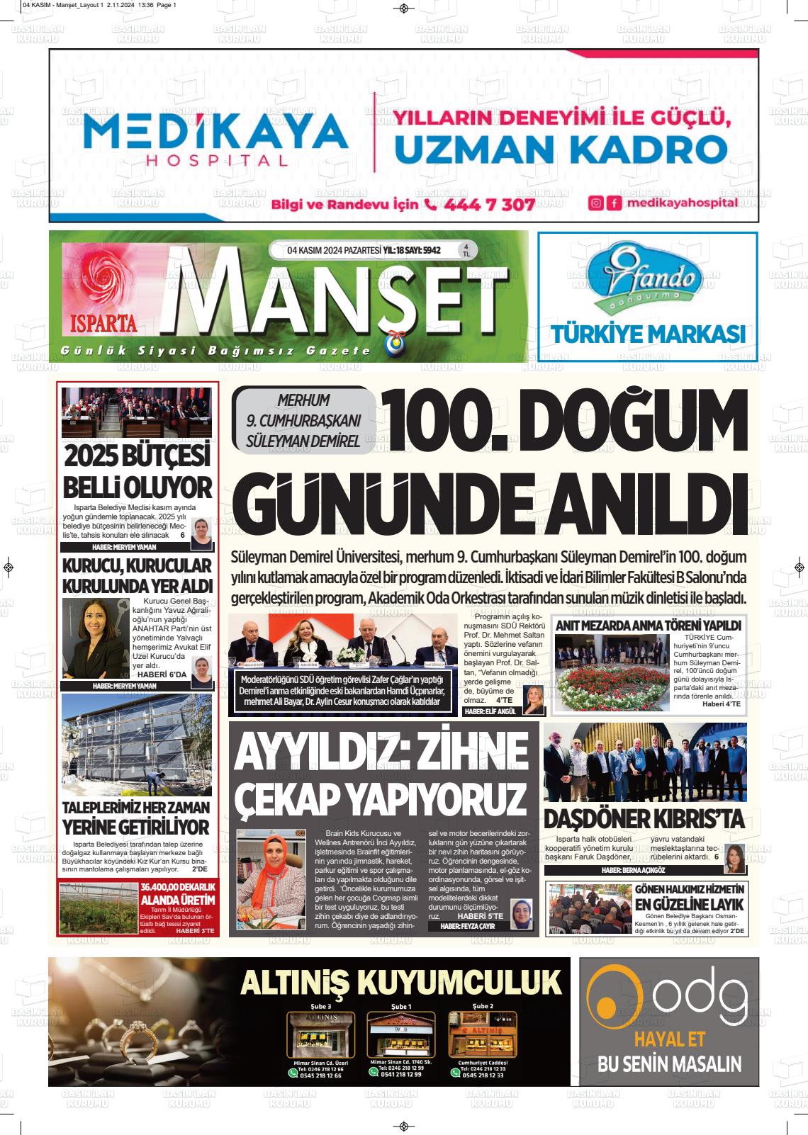 04 Kasım 2024 Isparta Manşet Gazete Manşeti