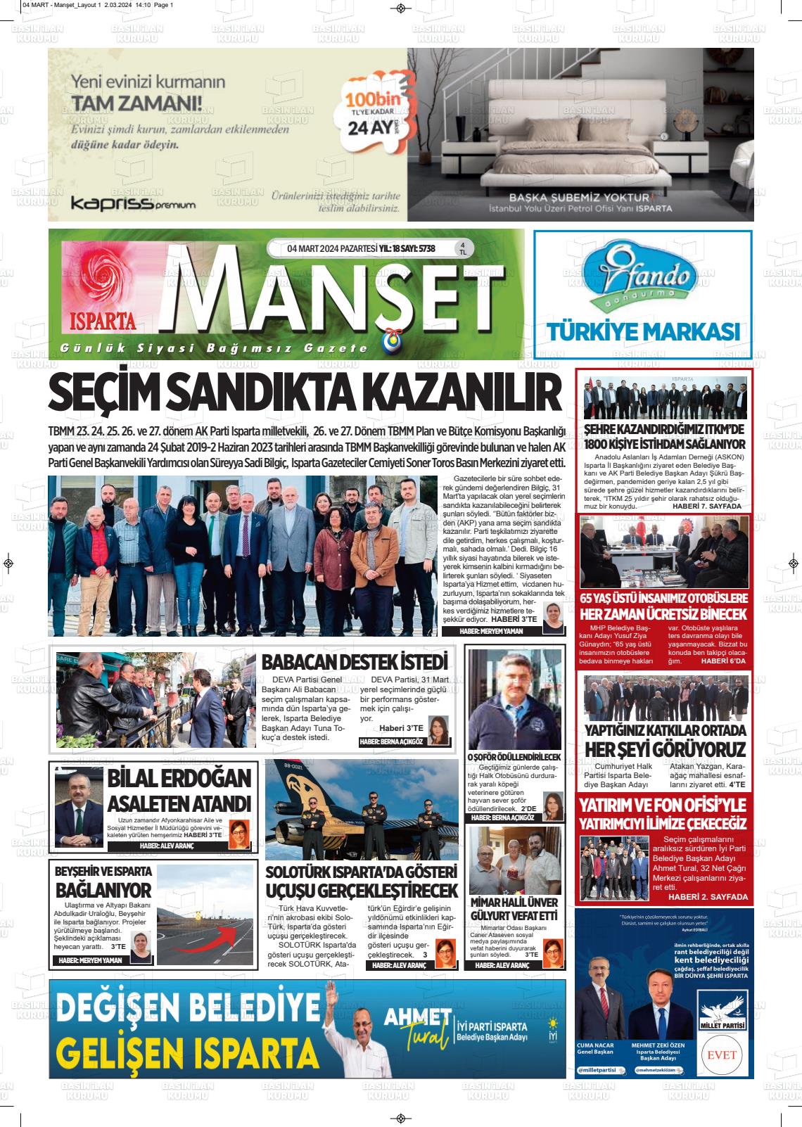 04 Mart 2024 Isparta Manşet Gazete Manşeti