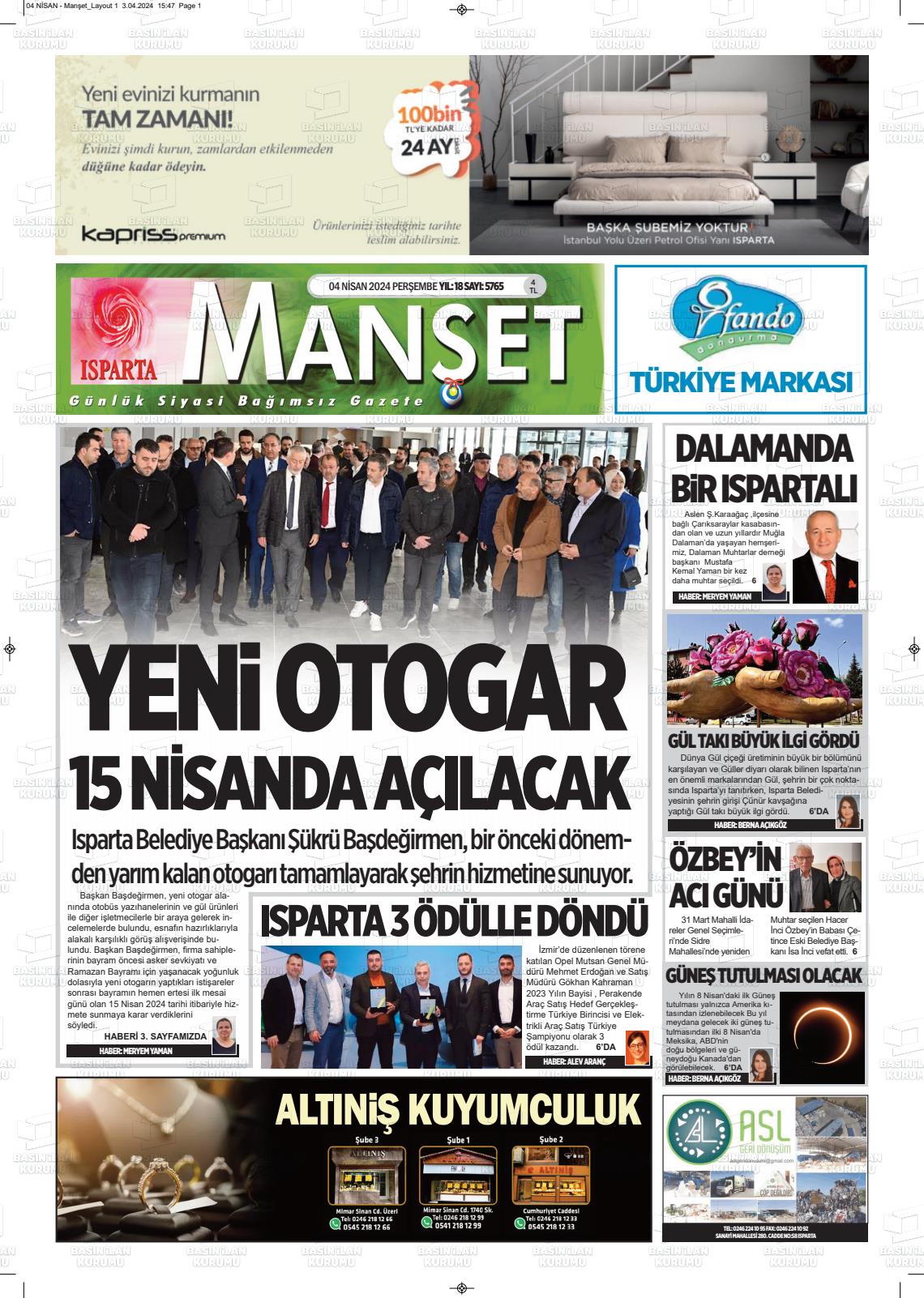 04 Nisan 2024 Isparta Manşet Gazete Manşeti