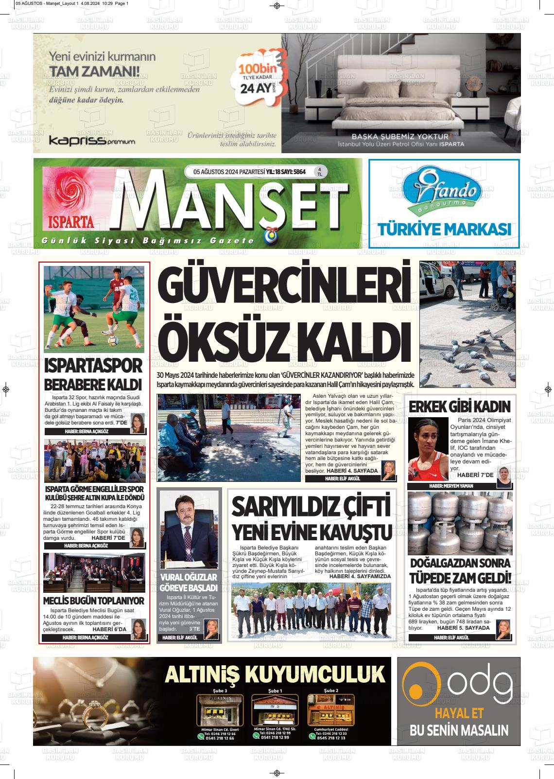 05 Ağustos 2024 Isparta Manşet Gazete Manşeti