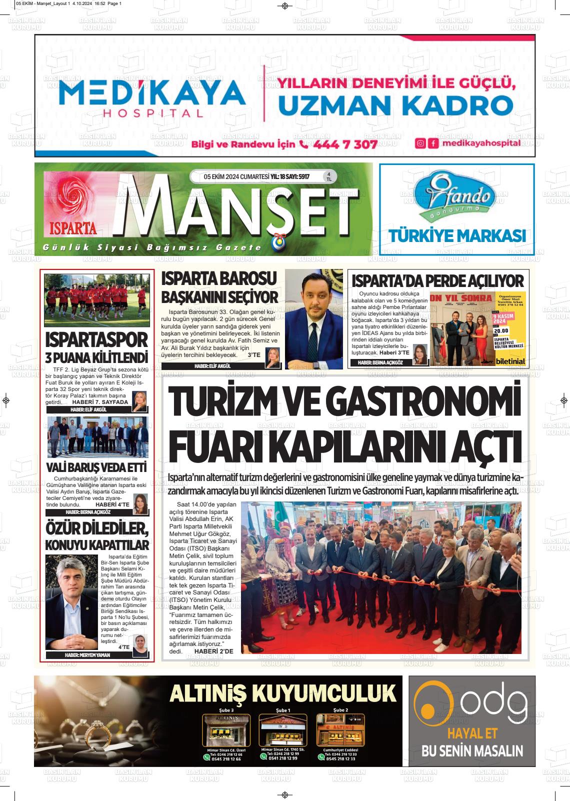 05 Ekim 2024 Isparta Manşet Gazete Manşeti