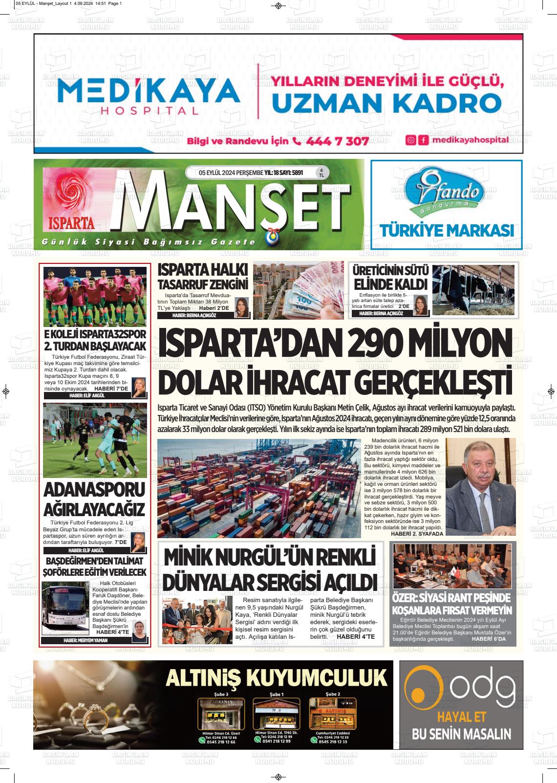 05 Eylül 2024 Isparta Manşet Gazete Manşeti