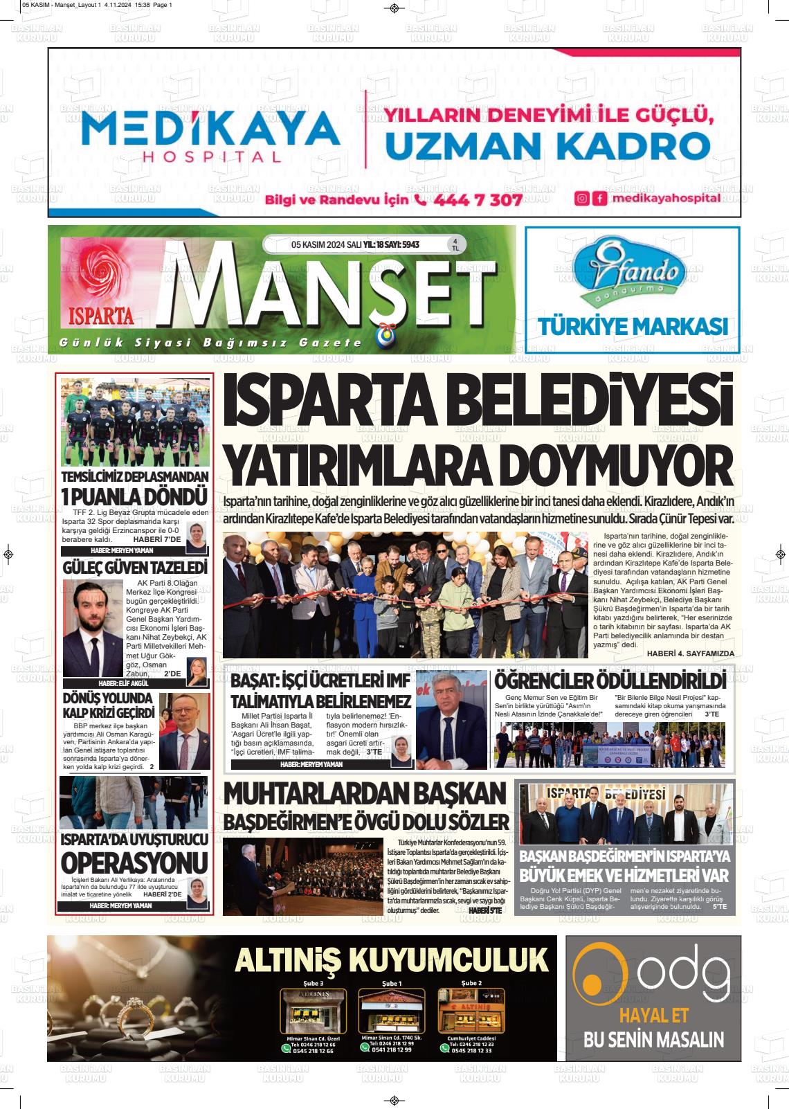 05 Kasım 2024 Isparta Manşet Gazete Manşeti