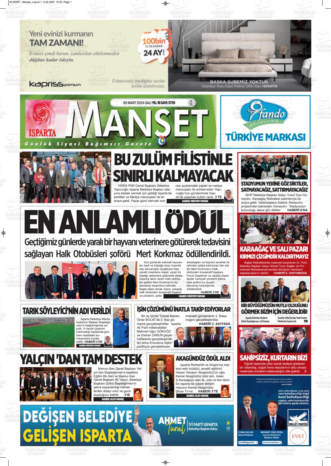 06 Mart 2024 Isparta Manşet Gazete Manşeti