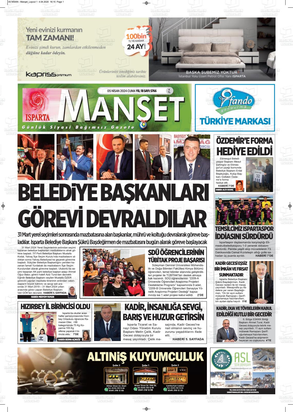 05 Nisan 2024 Isparta Manşet Gazete Manşeti