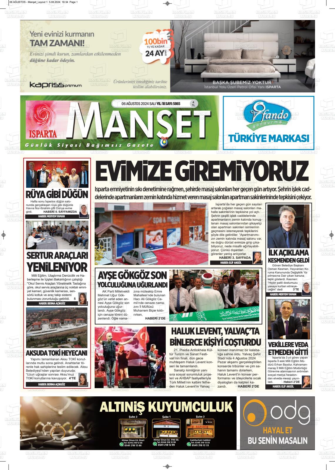 06 Ağustos 2024 Isparta Manşet Gazete Manşeti