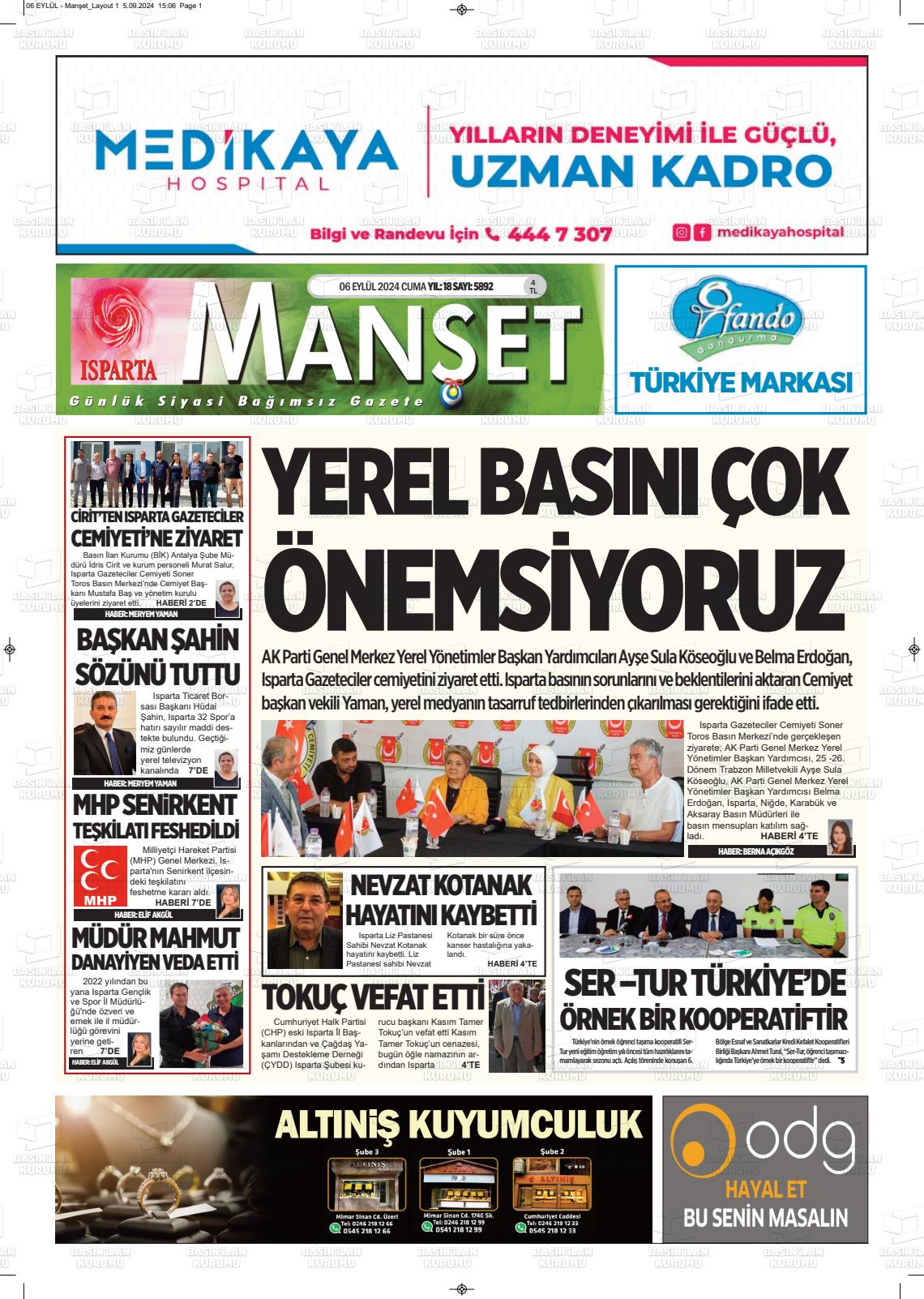 06 Eylül 2024 Isparta Manşet Gazete Manşeti