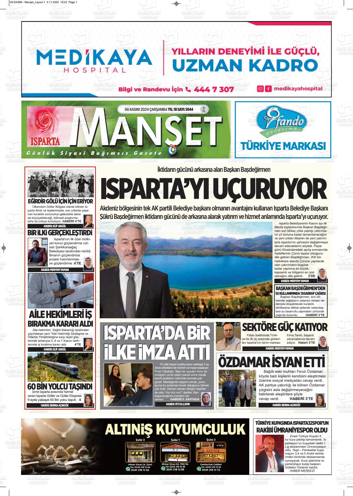 06 Kasım 2024 Isparta Manşet Gazete Manşeti