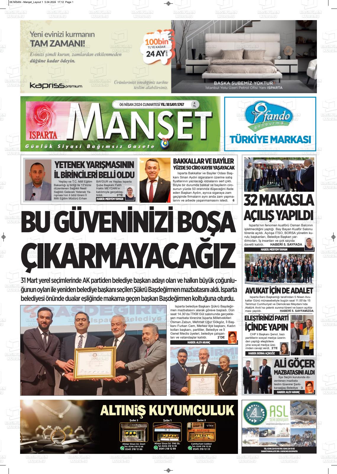 06 Nisan 2024 Isparta Manşet Gazete Manşeti