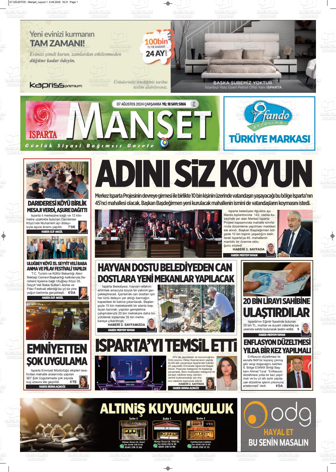 07 Ağustos 2024 Isparta Manşet Gazete Manşeti