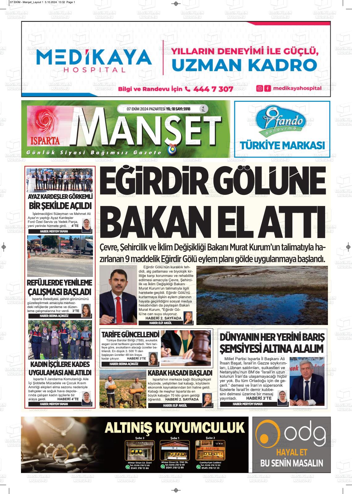 07 Ekim 2024 Isparta Manşet Gazete Manşeti