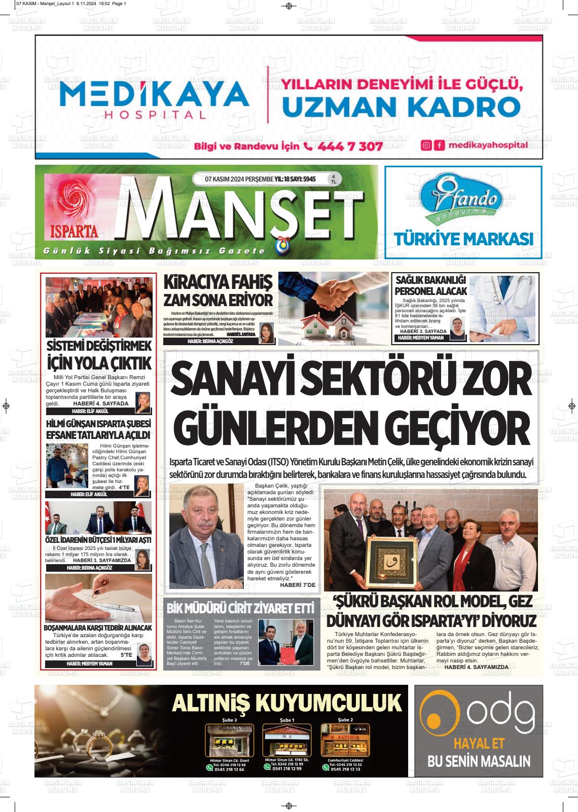 07 Kasım 2024 Isparta Manşet Gazete Manşeti