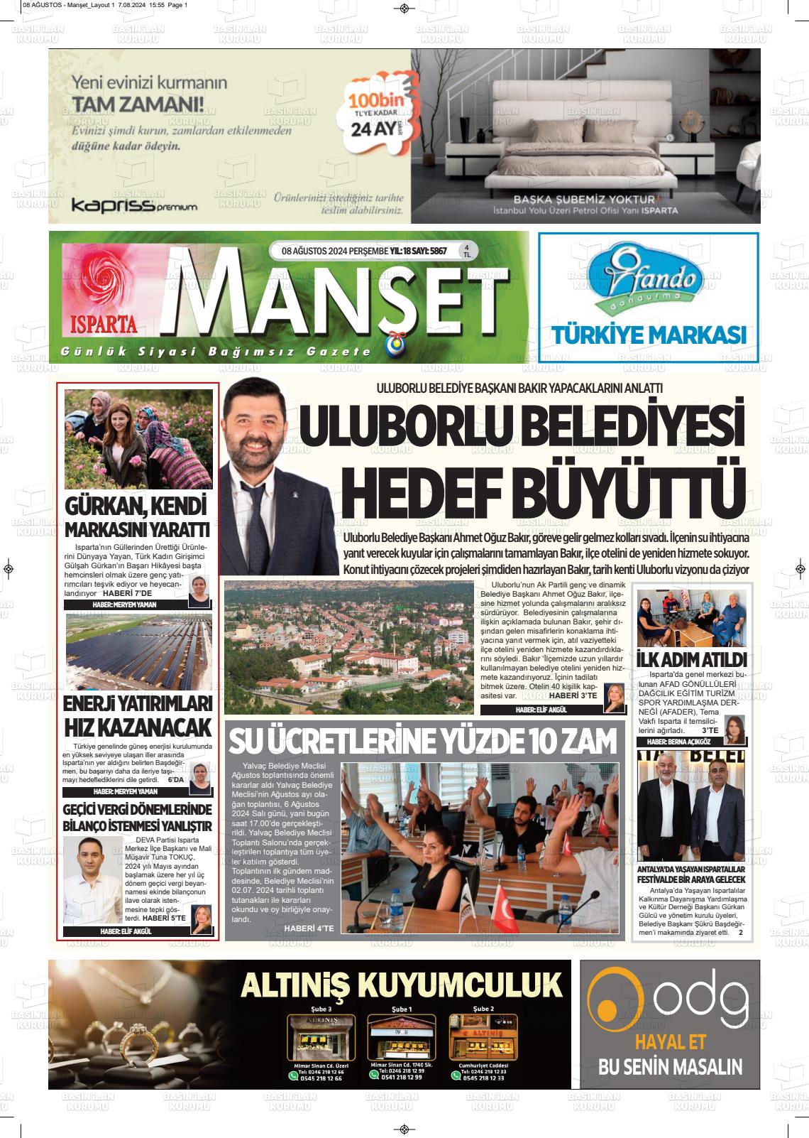 08 Ağustos 2024 Isparta Manşet Gazete Manşeti