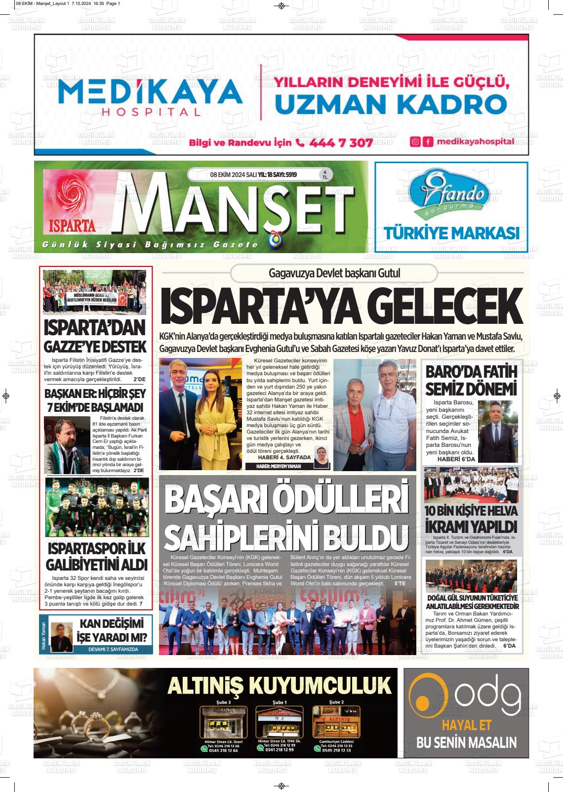 08 Ekim 2024 Isparta Manşet Gazete Manşeti