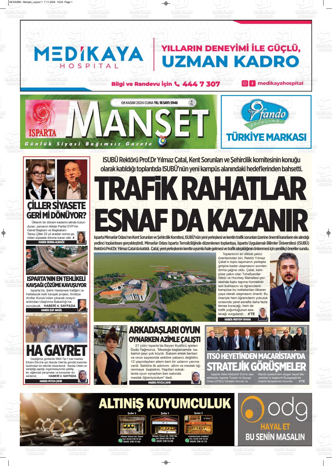 08 Kasım 2024 Isparta Manşet Gazete Manşeti