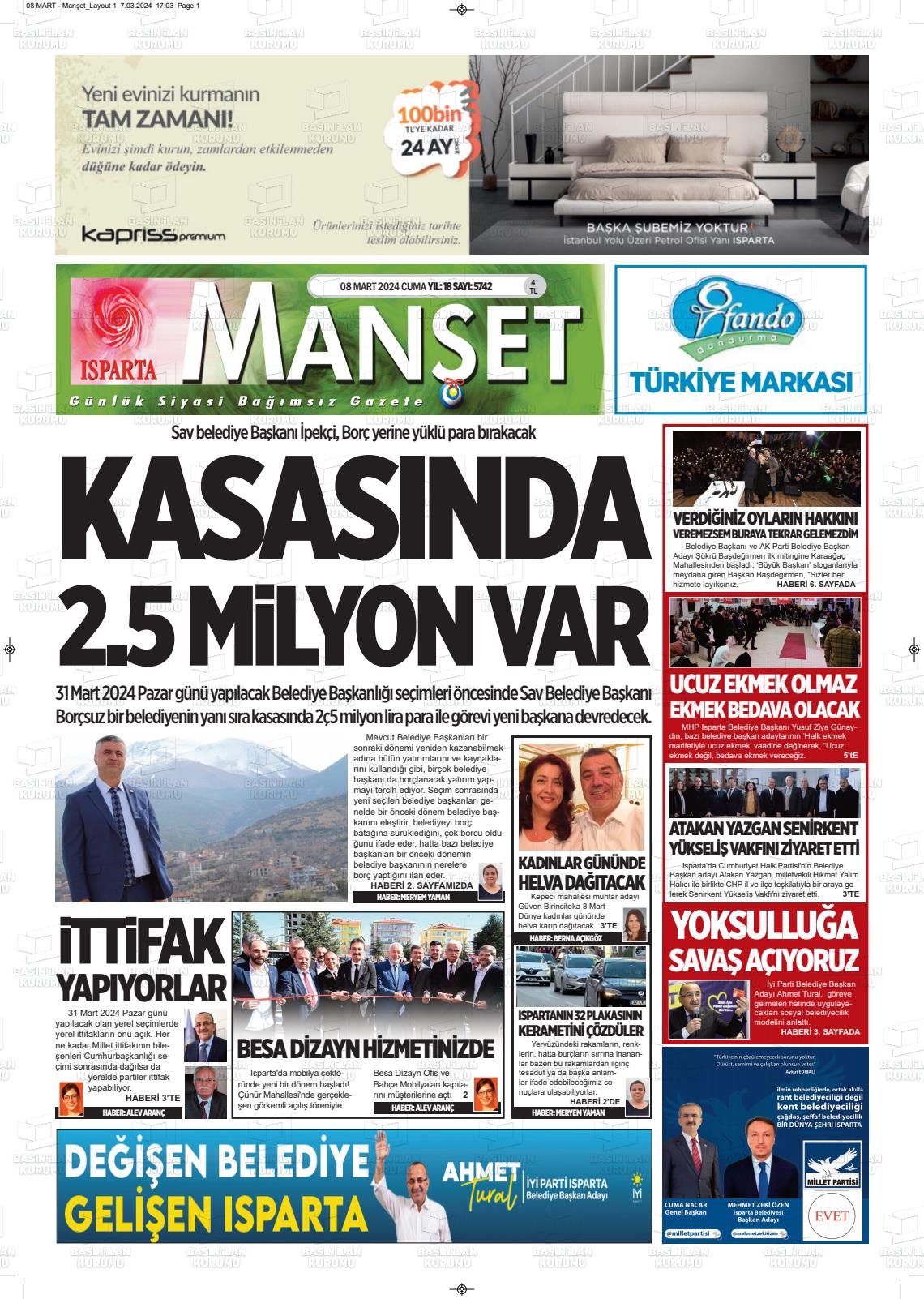 08 Mart 2024 Isparta Manşet Gazete Manşeti