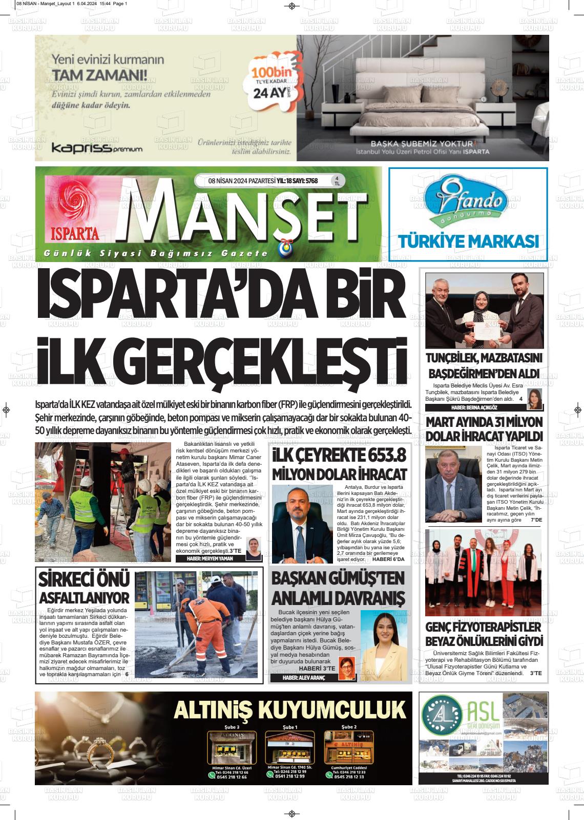 08 Nisan 2024 Isparta Manşet Gazete Manşeti