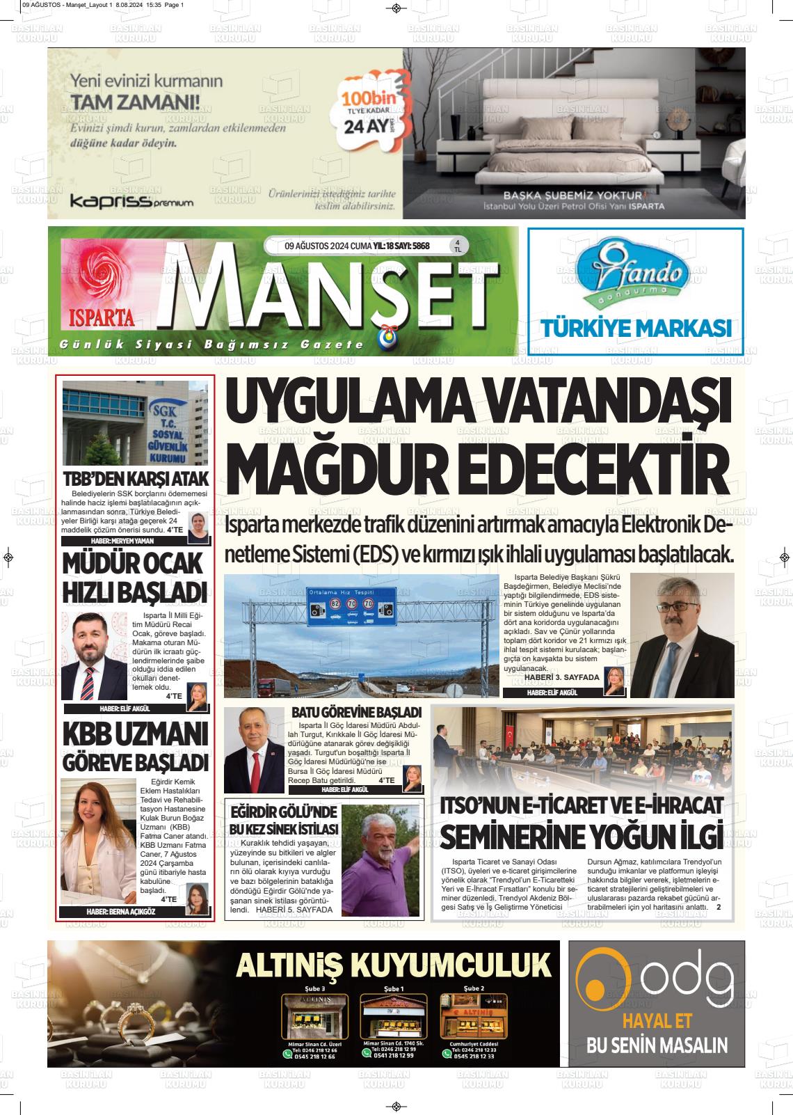 09 Ağustos 2024 Isparta Manşet Gazete Manşeti