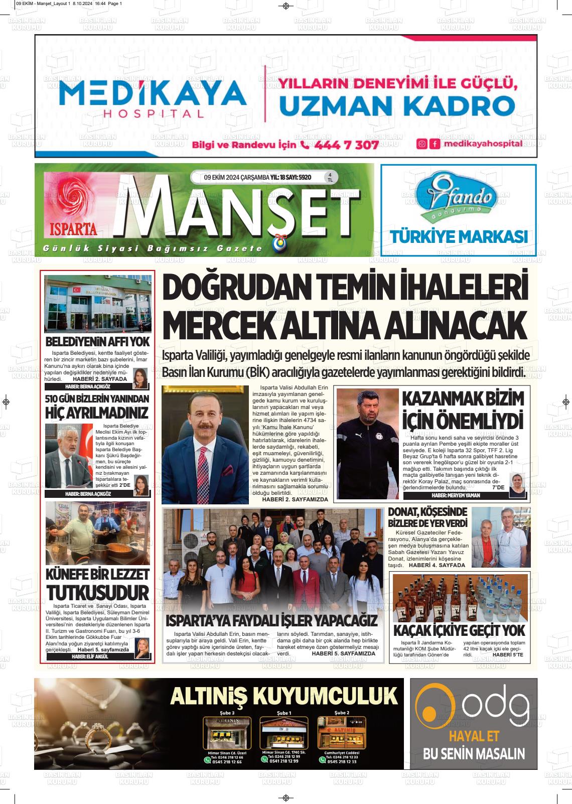 09 Ekim 2024 Isparta Manşet Gazete Manşeti