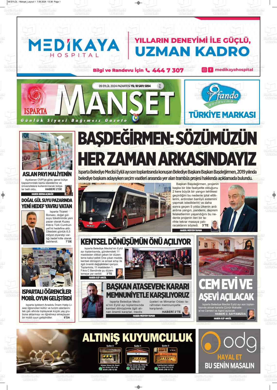 09 Eylül 2024 Isparta Manşet Gazete Manşeti