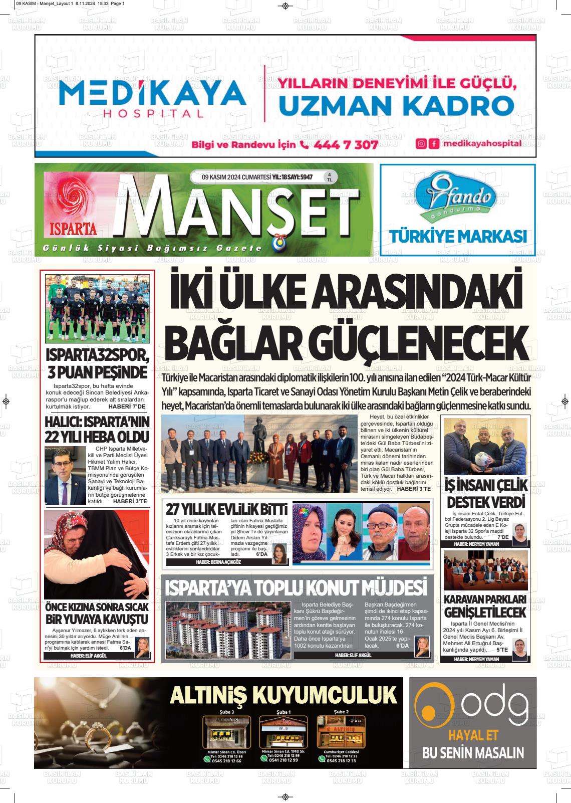 09 Kasım 2024 Isparta Manşet Gazete Manşeti